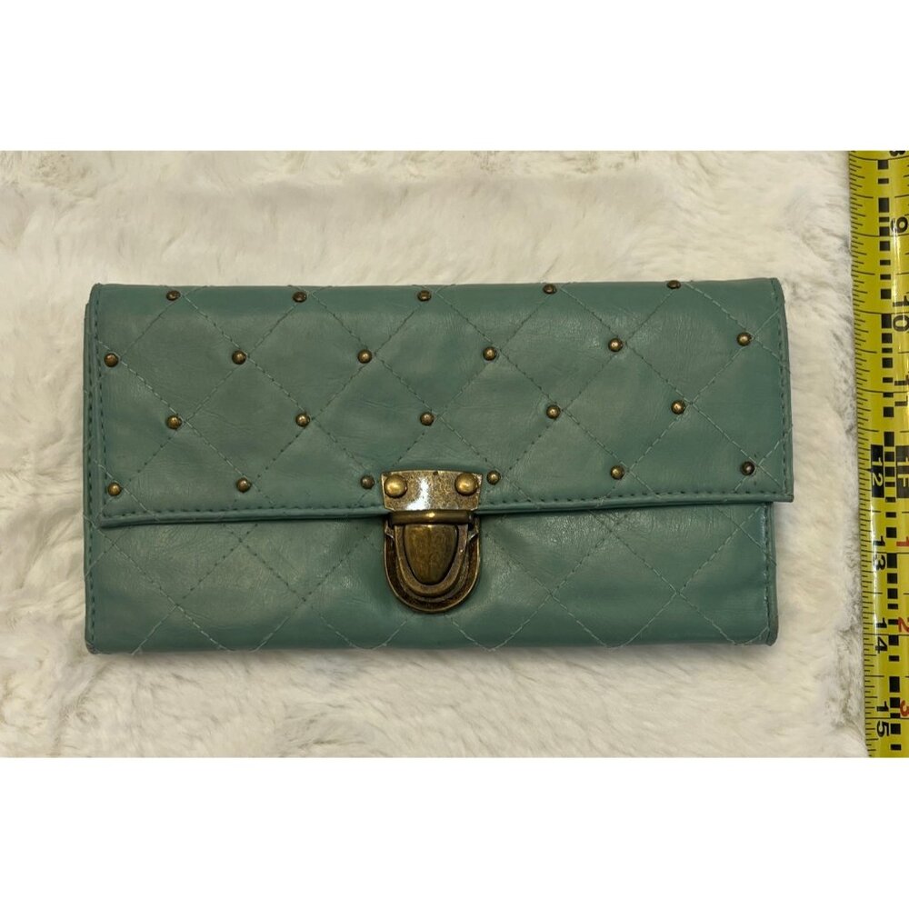 Deena and ozzy wallet  teal green studs stitched bronze latch